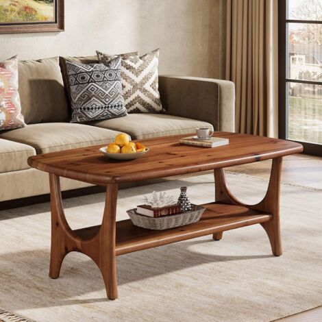 Solid Wood Coffee Table, 47.24” Mid-Century Modern Rectangle Living Room Table, 2-Tier Center Table for Living Room, Walnut