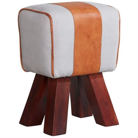 Solid Wooden Legs Stool with Canvas and Leather Seat