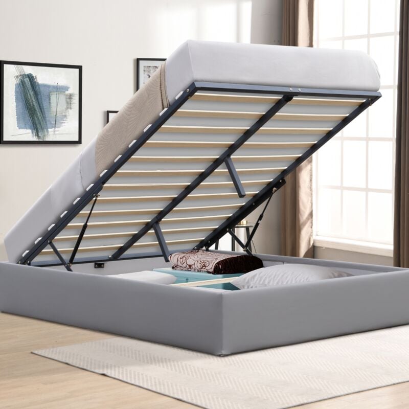 Solide Lit Coffre Gris pour matelas 140x190 cm - 12 Lattes - manon + pieds - Montage Rapide et Facile - revetement pvc Simili facile d'entretien