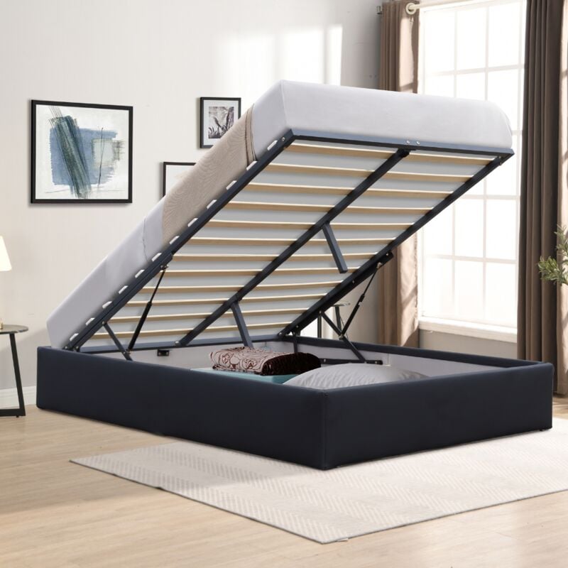 Solide Lit Coffrer noir pour matelas 140x200 cm - 14 Lattes - manon + pieds - Montage Rapide et Facile - revetement pvc Simili facile d'entretien