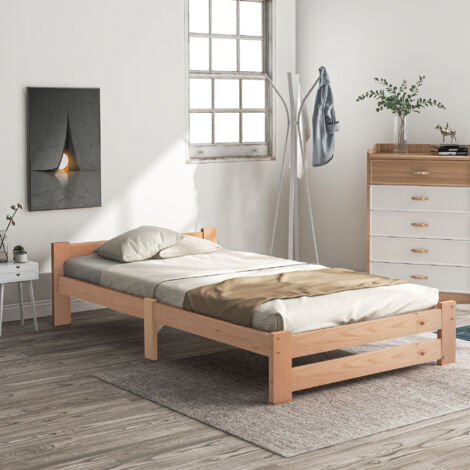 Solide lit en bois massif Lit futon en bois massif naturel Lit en avec tête de lit et sommier à lattes , naturel (200x90cm)