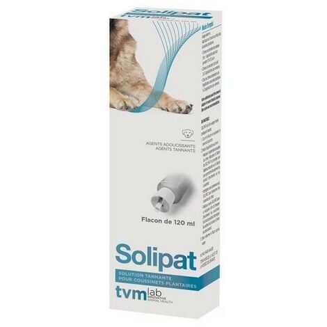 Solipat - Fortifiant coussinets pour chien Désignation : Solipat - Fortifiant coussinets Conditionnement : 120 ml Laboratoire TVM 625505