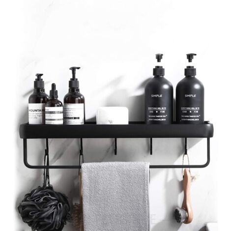 Sollbry 1 estante de baño (sin perforar) Estante de ducha con toallero Estante de ducha con ganchos de torre Estante de ducha Soporte de baño Estante de baño - Negro