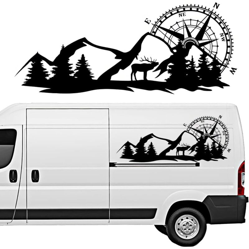 1 paire Stickers camping car, Autocollant de carrosserie latérale de voiture avec des motifs de montagne, de boussole et de cerf pvc noir autocollant