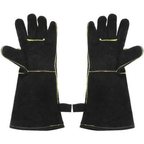 Sollbry 1 par de guantes de soldadura de piel de vacuno A3032 de 40,6 cm, resistentes al fuego y al calor, con mangas largas, para barbacoa, chimenea, horno, cocina y jardinería.