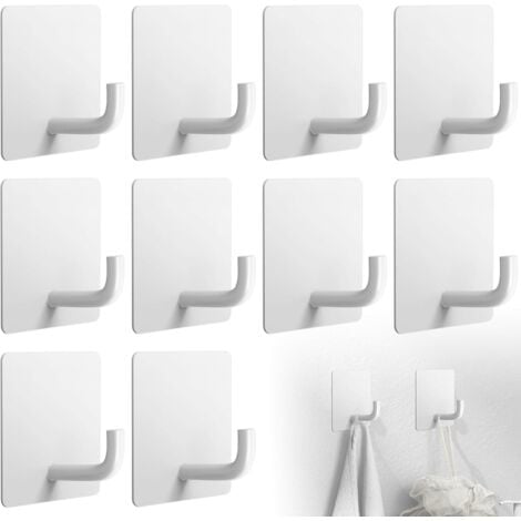 Sollbry 10 Pieces Adhesive Wall Hooks, White Stainless Steel Wall Mounted Towel Holder Bathroom, Kitchen Waterproof Rustproof No Drilling Adhesive Hook, for Towel, Keys, Home, Kitchen