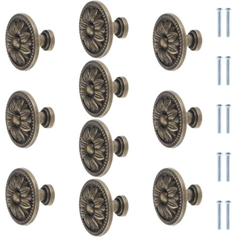 Sollbry 10 pomos redondos de bronce antiguo con diseño de flor para muebles, de 35 mm, para cajones de armarios de cocina vintage, tiradores de bronce para cajones.