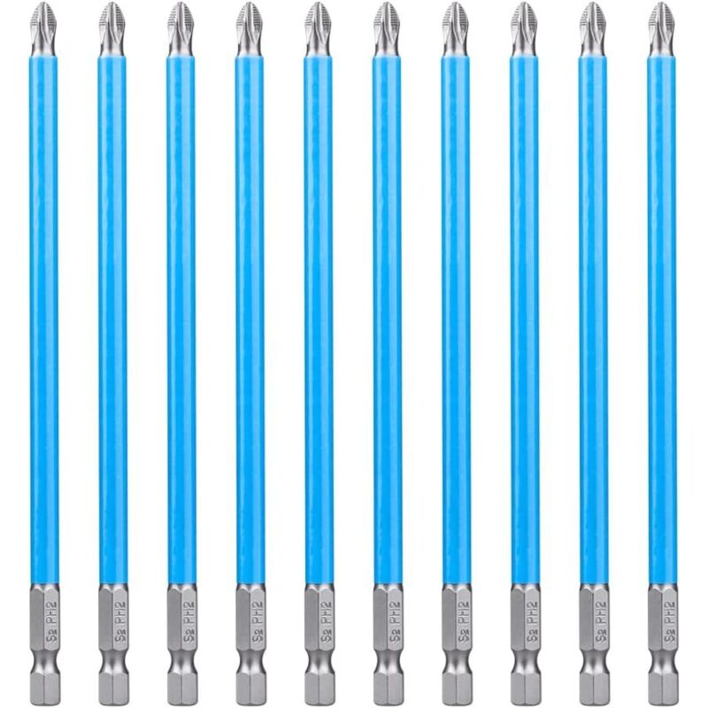 10 puntas de destornillador Phillips de 150 mm, PH2, de impacto, de acero S2, con vástago hexagonal, antideslizantes, para taladro eléctrico y
