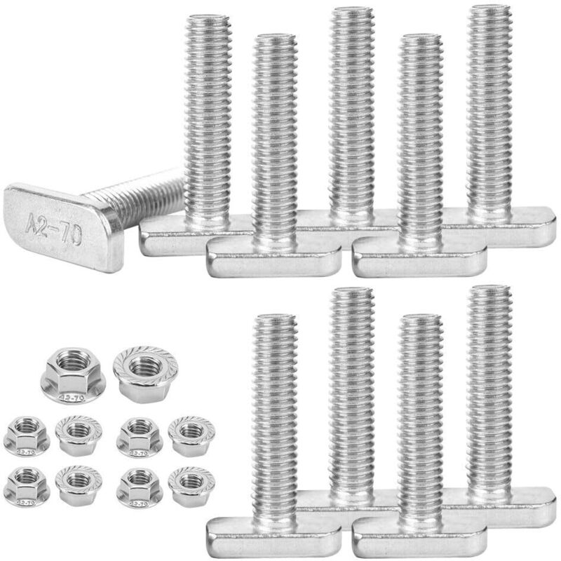 Sollbry - 10 tornillos de cabeza de martillo de acero inoxidable M8 x 20 mm, tuercas y pernos de aluminio plateado con rosca completa.