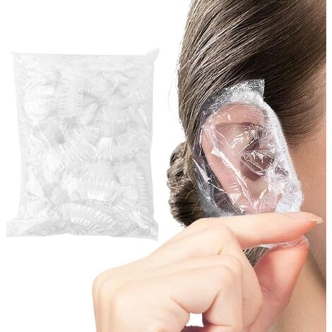Sollbry 100 Protège-oreilles jetables en plastique transparent étanche avec élastique pour teinture capillaire, douche, baignade, salon de beauté.