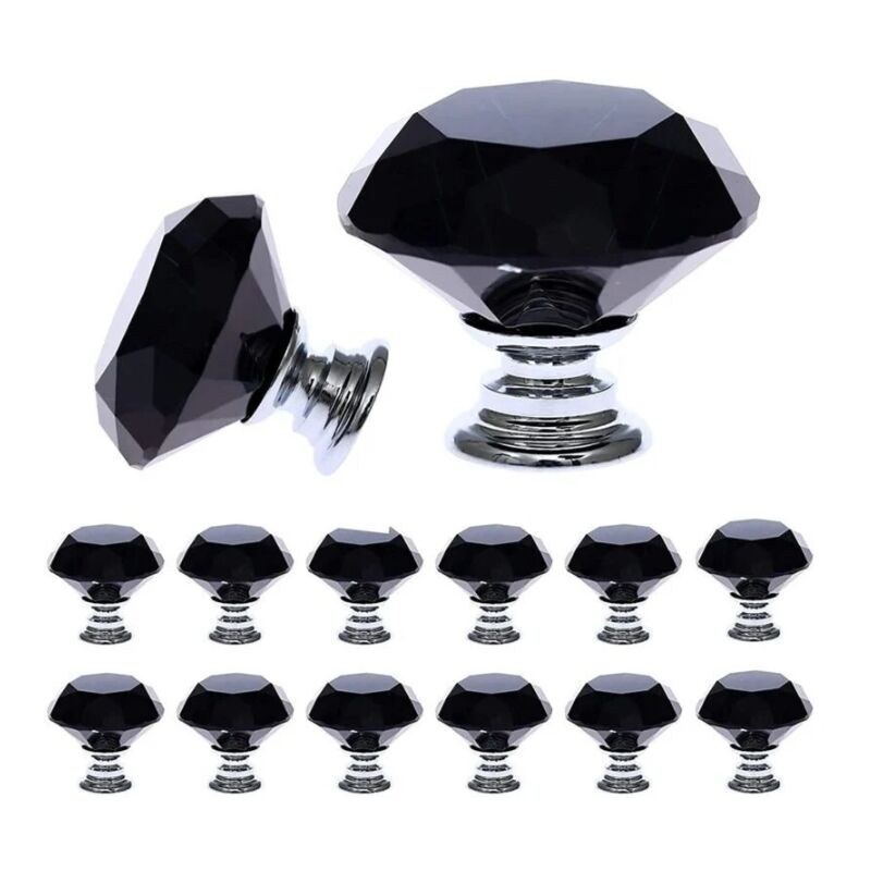 Sollbry - 12 Pièces Noir Cristal Verre Meuble Poignées (30 mm), Bouton de Meuble avec de taille, Bouton de Porte, Tiroir de Poignée, Poignée de