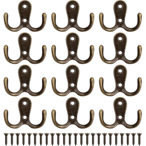 Sollbry 12 Pièces Patère Patere Porte Manteau Mural, Rétro Patère, Crochets Doubles Porte Manteau Mural Rétro en Métal avec 24 Vis pour Porte-Manteau Salle de Bain Cuisine (Bronze)