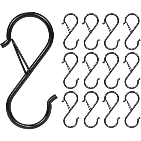 Sollbry 12 Pieces Small S Hooks, Heavy Duty Metal Hooks with Safety Buckle for Office Kitchen Bathroom Garden Wardrobe (Black)