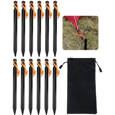 Sollbry 12 piquetas de metal de 18 cm para tienda de campaña, de aluminio para suelo duro, negras, para arena y camping.