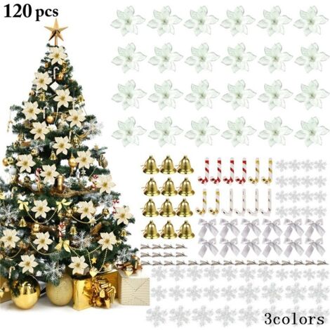 Sollbry 120 adornos navideños con purpurina y flor de Pascua (plateados), 24 flores para árbol de Navidad, 36 copos de nieve, 12 lazos, 12 campanas, 12 bastones pequeños, 24 clips pequeños.