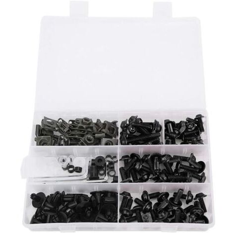 Sollbry 198 pièces/ensemble Kit boulon de carénage, kit boulon carénage universel moto vis attaches kits de montage carrosserie rondelles écrous vis clips assortiment(Noir)