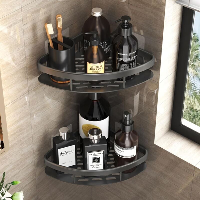 Sollbry - 2 Etagere Angle Douche Noirs, Etagere Douche Sans Percage, Support Gel Douche Salle de Bain en Aluminium épaissi, support de salle de bain