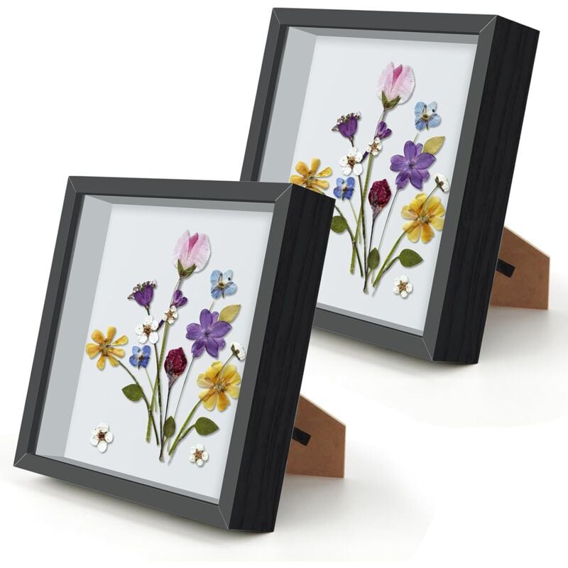 2 pcs Cadre 3D Profond 20x20 cm, pour Tenture Murale Bureau Fleurs Séchées Artisanat (Noir) - Sollbry