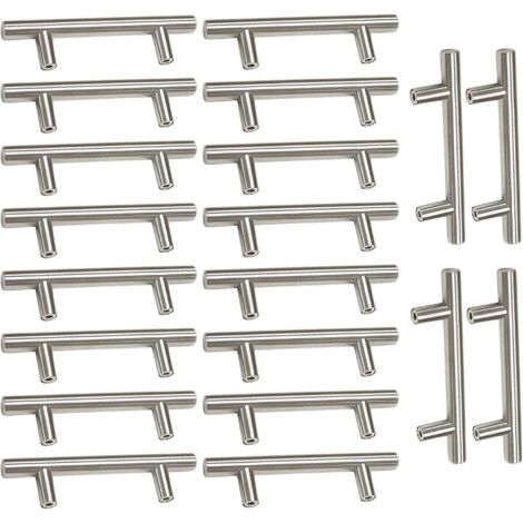 Sollbry 20 tiradores de acero cepillado para armarios de cocina, tiradores de puerta de cocina con barra en T, acero inoxidable, Ø 12 mm (distancia entre agujeros: 96 mm)