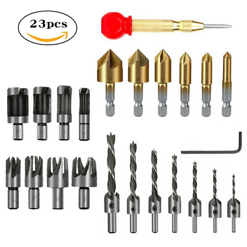 23 Outils De Forage Pour Chanfreinage Du Bois, ensemble de forets à fraiser pour le travail du bois incluent 8pcs outil de coupe de prise de bois,7