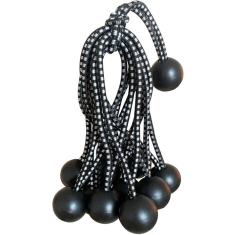 Sollbry 25 cuerdas elásticas profesionales de goma con bola (negras, 150 mm) para tiendas de campaña, lonas y carteles. Cuerda elástica para lona, correa elástica, soporte para lona, goma para lona, c