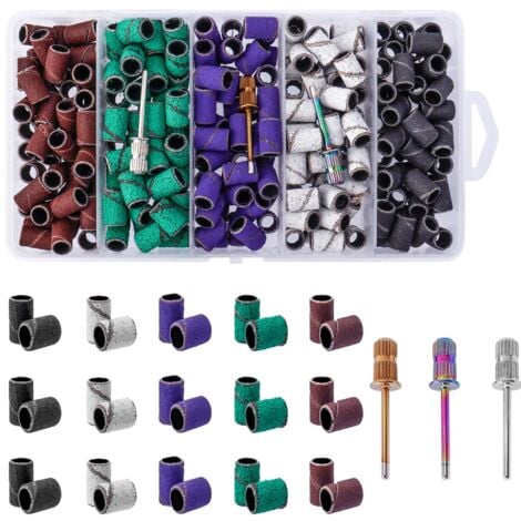 Sollbry 250Pcs Embouts Ponceuse Manchons Ongle Bande de Ponçage Professionnelle 80 120 180 240 Grain Bandes Abrasives Ongles Embout Ponçage Emeri avec 3 Forets Tambour Mandrin pour Manucure Pédicure