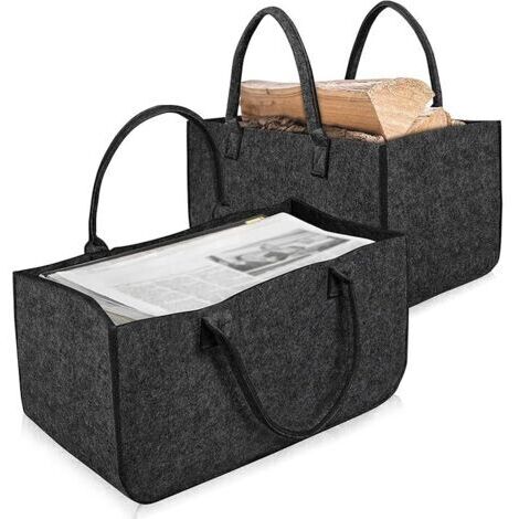 Sollbry 2X sac en feutre, Pliable panier buche transportable polyvalent et grande taille Avec anses Pour bois de cheminée, journaux et boutique, Gris foncé