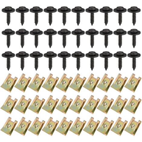 Sollbry 30 juegos de tornillos y tuercas para guardabarros, clip de sujeción metálico en forma de U con tornillo autorroscante de cabeza hexagonal, sujetador de tapacubos negro.