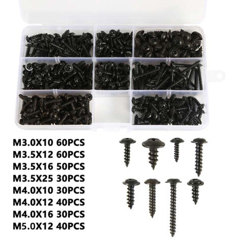Sollbry 340 tornillos autorroscantes con caja de plástico, M3, M3.5, M4, M5, cabeza avellanada, de acero al carbono negro, cabeza en cruz, para plástico, madera, metal blando (8 tamaños)