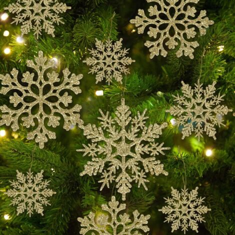Sollbry 36 adornos navideños dorados de copo de nieve, de plástico con purpurina, para árbol de Navidad de invierno, dorados.