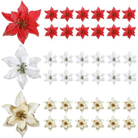 Sollbry 36 decorazioni natalizie con stelle di Natale glitterate, fiori di stelle di Natale, fiori per albero di Natale, rosso, oro, bianco, argento, per decorazioni per albero di Natale, 6 pollici
