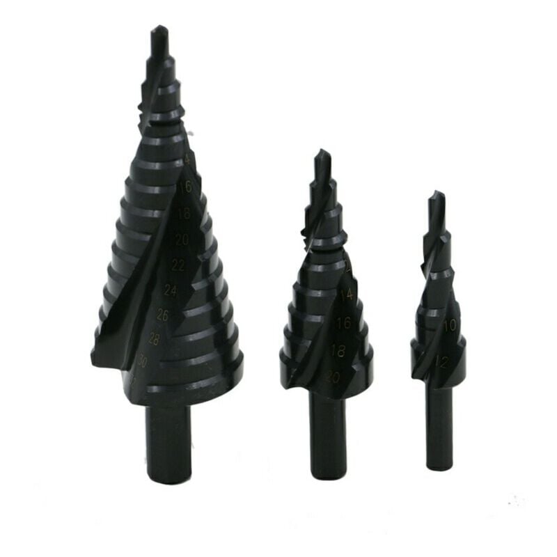 Sollbry - 3Pcs Foret Étagé 4-12/20/32mm, Foret Fraise Meche Etage, hss Inox Metal, Triangle Conique Titane, avec Tige Hexagone, pour Visseuse Percage