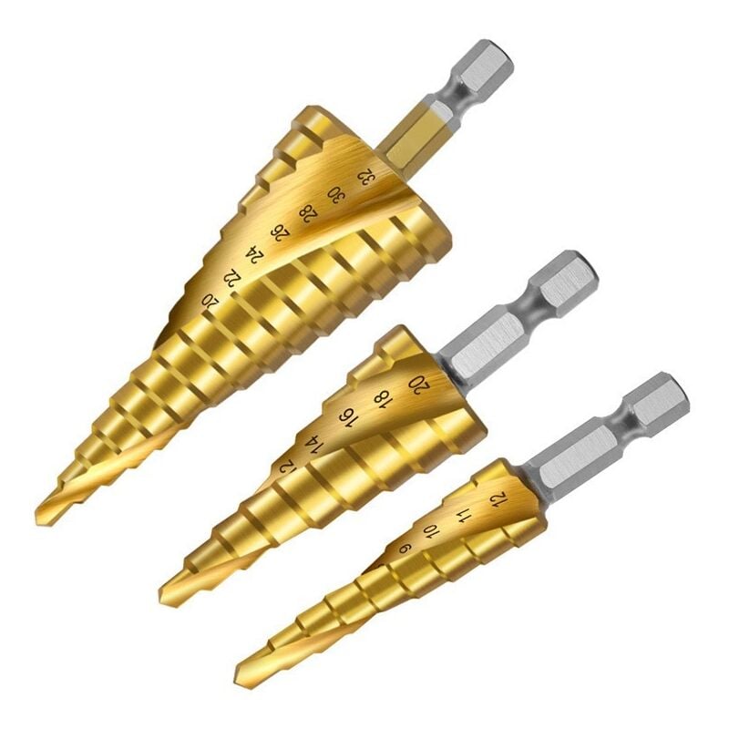 Sollbry - 3PCS Foret Étagé Rainuré en Spirale, 4-12/20/32mm Fraise Meche Etage Metal Acier Rapide Revêtu de Titane hss pour Percer dans Acier,