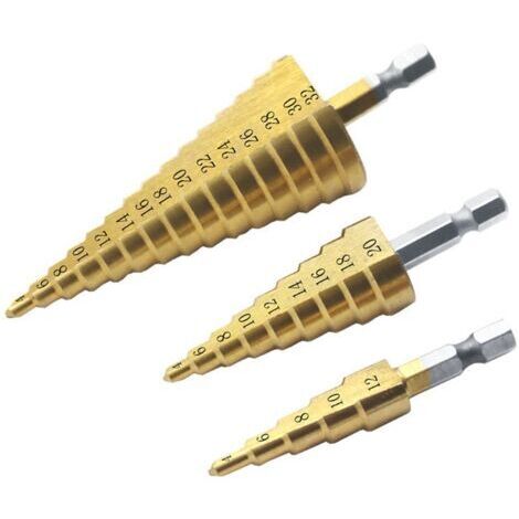 Sollbry 3PCS Foret Fraise Meche Etage, Triangle Conique Titane Foret Fraise, 4-12/20/32 mm, Pour Visseuse Percage sur Acier, Laiton, Bois, Plastique