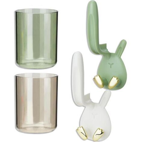 Sollbry 4 Pièces Porte-Brosse à Dents, Oreille de Lapin Support Brosse a Dent électrique avec 2 Godets de Rinçage Buccal, Porte Brosse à Dents Mural pour Salle de Bain Cuisine Salon (Blanc, Vert)