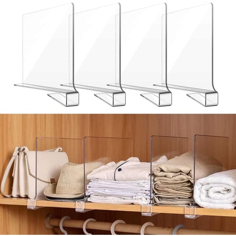 4 Pièces Séparateur D'étagères Armoire,Cloison Acrylique Transparente,Système D'étagère sans Perçage, pour Stockage et L'organisation - Sollbry