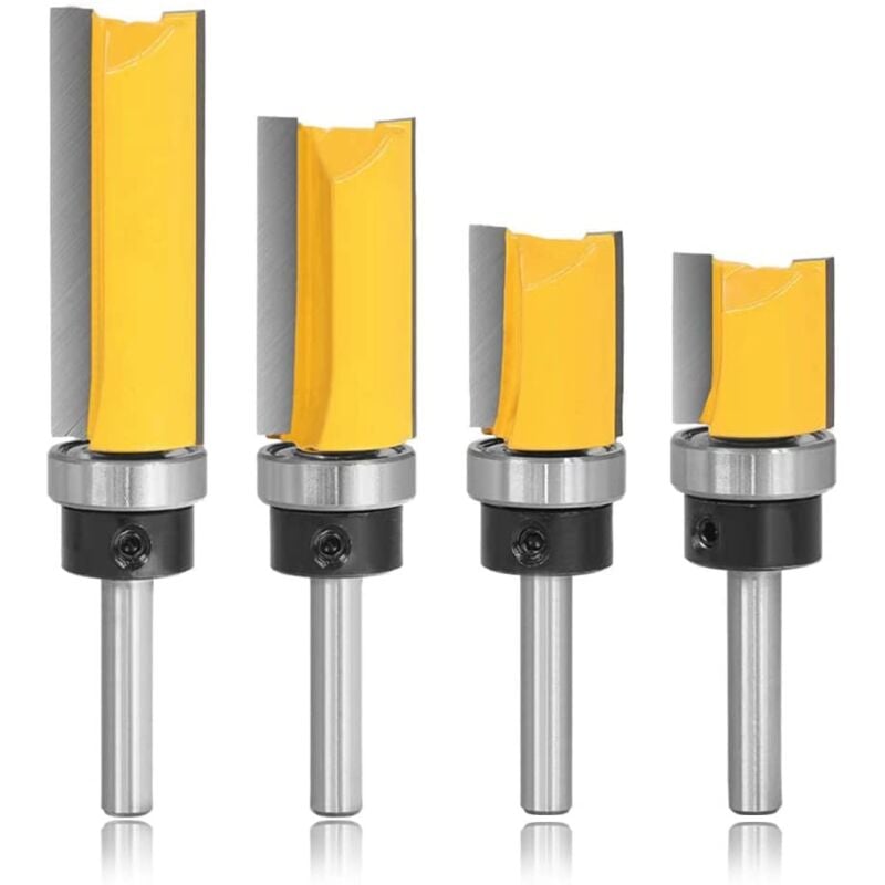 Sollbry - 4Pcs 8mm Tige Fraises à Copier Fraise pour Affleurer Droite avec Roulement, Fraise de Copiage à Bois Mèche de Routeur de Garniture Routeur