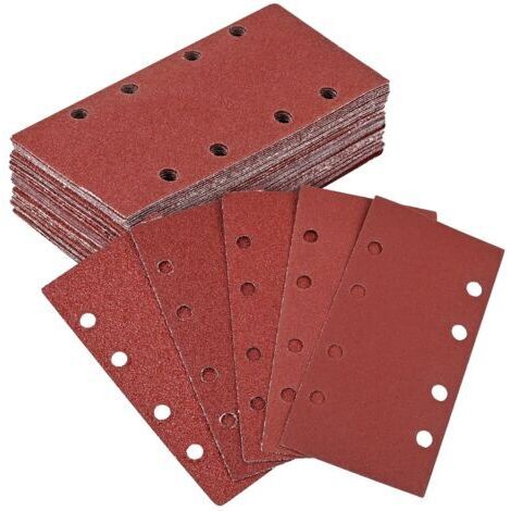 Sollbry 50 Pièces Disques Abrasifs 93 x 185mm, 8 Trous, 10x Grain 40/60/80/120/240, Papier Poncage pour Ponceuses Rectangulaires, Ponçage Optimal (Rot(P40/P60/P80/P120/P240))