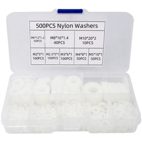 Sollbry 500 pièces rondelle plate en nylon, rondelle plate isolée joint rond joint d'étanchéité kit d'assortiment de tuyaux-M2/M2.5/M3/M4/M5/M6/M8/M10 (B-Blanc)