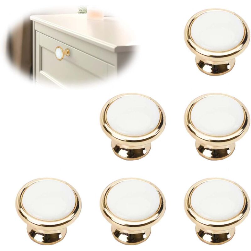 Sollbry - 6pcs Poignee de Meuble, Poignee Meuble Dorée Bouton de Porte Blanc, Bouton Porte Placard, Poignee de Porte Ronde Convient Convient Aux
