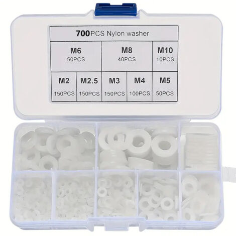 Sollbry 700 arandelas de plástico de nailon blanco, kit surtido de arandelas planas redondas de aislamiento, arandelas M2 M2.5 M3 M4 M5 M6 M8 M10 para mecánica