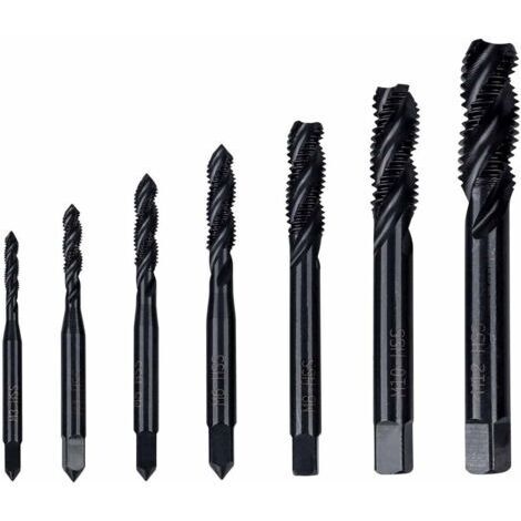 Sollbry 7PCS Tarauds à Filetage Hélicoïdal en Nitrure M3 M4 M5 M6 M8 M10 M12 Tarauds à Vis Cannelés Spirale Métrique  Taraud à Queue Conique Outil de Taraudage de Filetage Nitrure