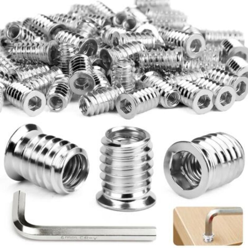 80PCS Insert Fileté Bois Ecrou Hexagonal M6 x 15 mm Insert a Visser Douille Filetée Vis à Tête Insert Bois M6 pour Meubles Chaises Lits en Bois