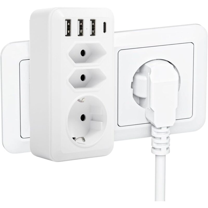 Adaptateur Multiprise, Multiprise Murale 7 en 1 Multiple Adaptateur Murale 3 Prises, 4000W (16A) Prise Euro avec 3 usb et 1 Interface Type-C (5V 3A),