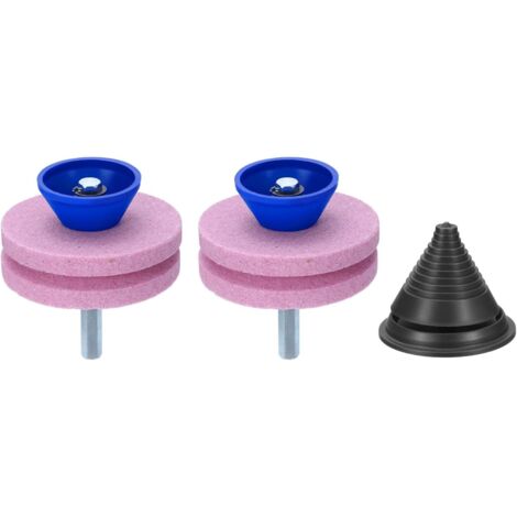 Sollbry Afilador de cuchillas para cortacésped (2 unidades), piedra de afilar de corindón de doble capa con equilibrador de cuchillas negro para taladro o herramienta manual de jardín, color rosa.