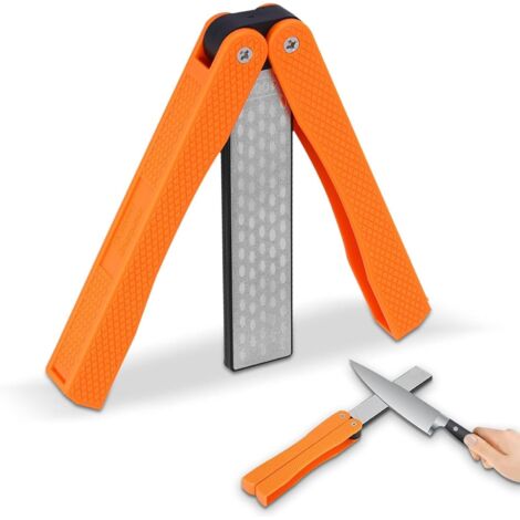 Sollbry Afilador de cuchillos, piedra de diamante plegable de bolsillo de grano 400/600, de doble cara, para afilar utensilios de cocina, jardín y camping al aire libre, color naranja.