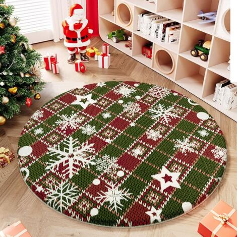 Sollbry Alfombra redonda navideña, peluda y navideña, para salón o dormitorio, con estampado navideño, de pelo corto, antideslizante, suave y esponjosa (100 cm, copo de nieve)
