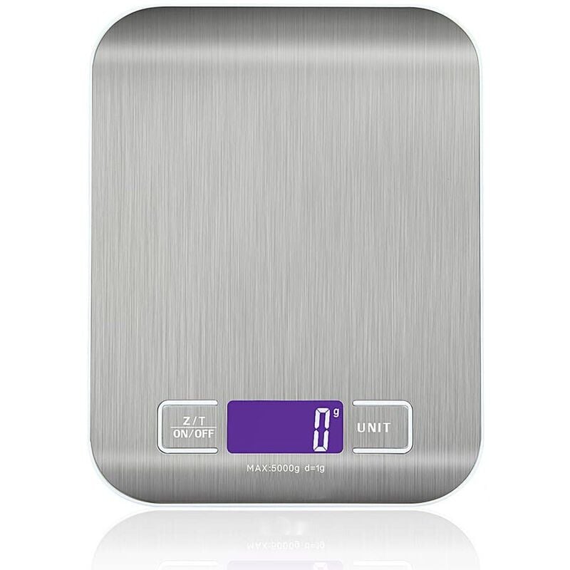 Balance de Cuisine Électronique de Haute Précision 5000g/1g avec Écran lcd Rétroéclairé, 6 Unités et Fonction Tare Acier Inoxydable, Smart Digital