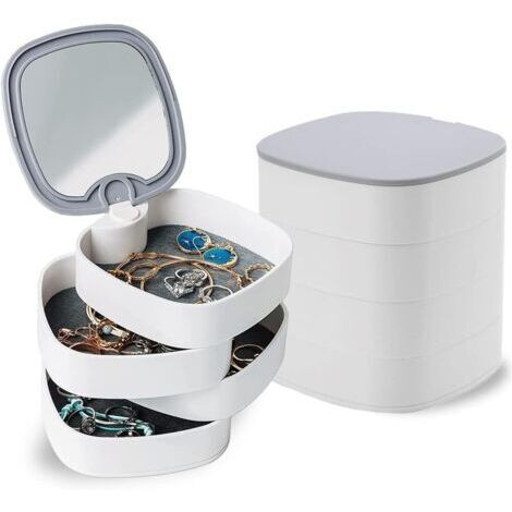 Sollbry BoîTe à Bijoux, Boîte à Bijoux Rotatif, BoîTe à Bijoux avec Miroir, Boite a Bijoux Voyage Blanc, Rotation Petite Coffret Bijoux de Rangement, pour Collier Bracelet Bague Boucle Anniversaire (B