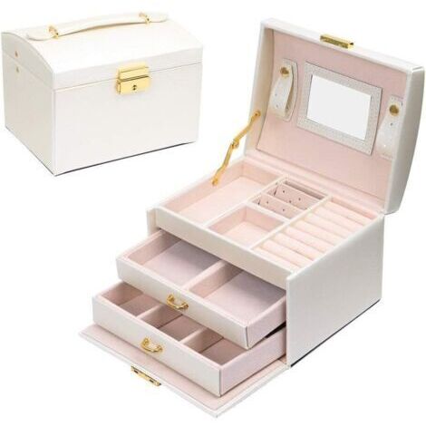 Sollbry Boîte à bijoux Coffret pour bijoux à montre à maquillage,bijoux et cosmétique beauty Case,Doublure en velours,Affichage étui de rangement avec serrure et clé,Bonne idée Cadeau (Blanc)